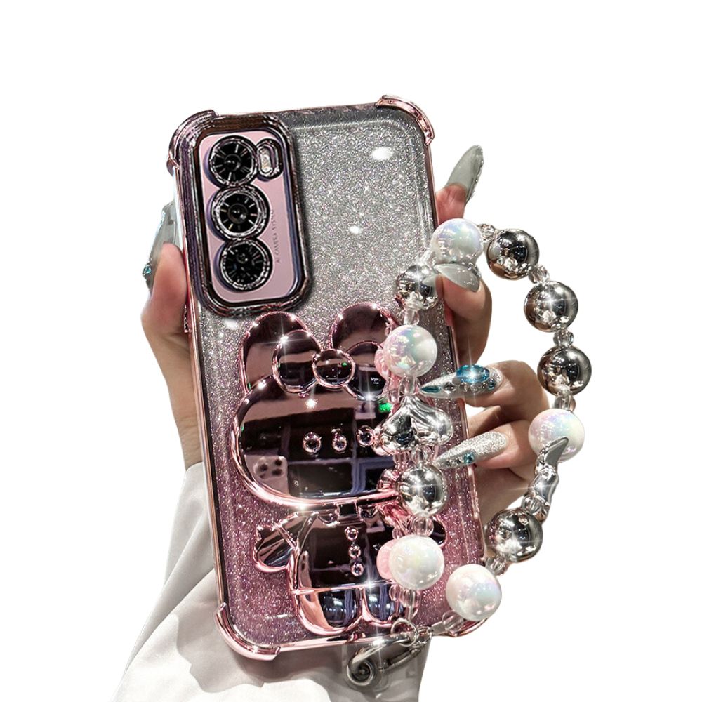 OPPO Reno 12 Pro 5G (CPH2629) - Rabbit Makeup Mirror Stand Series Case With Gradient Flash Card and Pearl Bracelet - i-Station Mobile Phone & Electronic Device Repair and Accessories