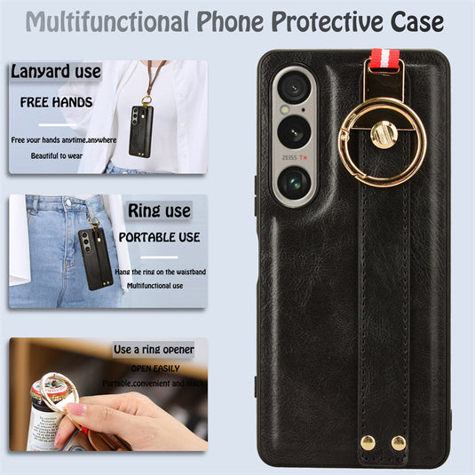 Sony Xperia 10 iii - Shockproof Wristband Leather Stand Case With Ring Holder - i-Station Mobile Phone & Electronic Device Repair and Accessories