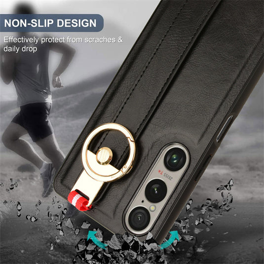Sony Xperia 10 iii - Shockproof Wristband Leather Stand Case With Ring Holder - i-Station Mobile Phone & Electronic Device Repair and Accessories