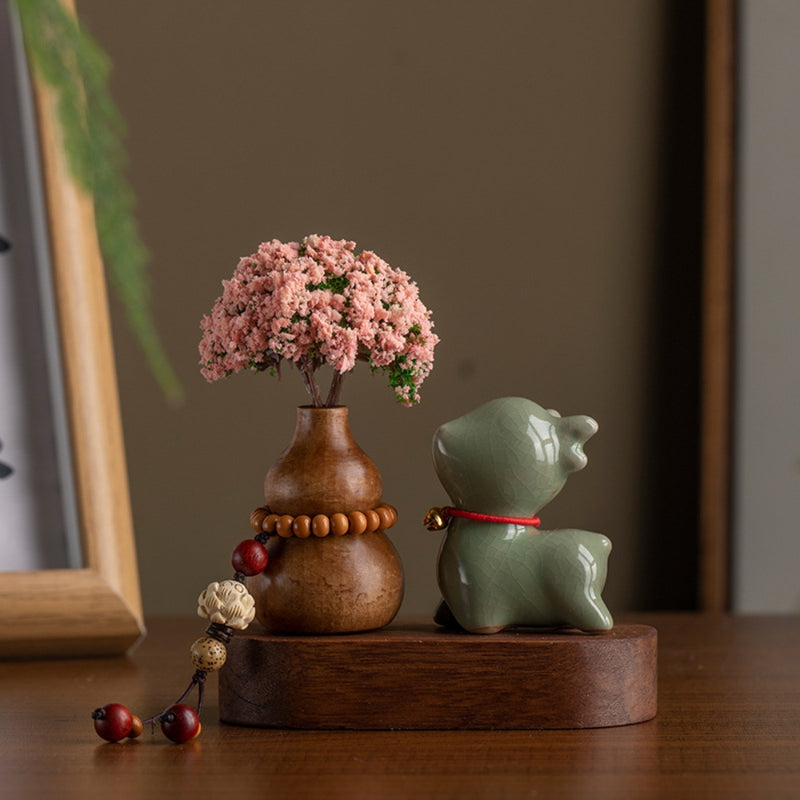 Load image into Gallery viewer, Pink Flower Ceramic Deer Walnut Wood Car Dashboard Ornament Car Interior Aroma Diffuser - i-Station Mobile Phone & Electronic Device Repair and Accessories