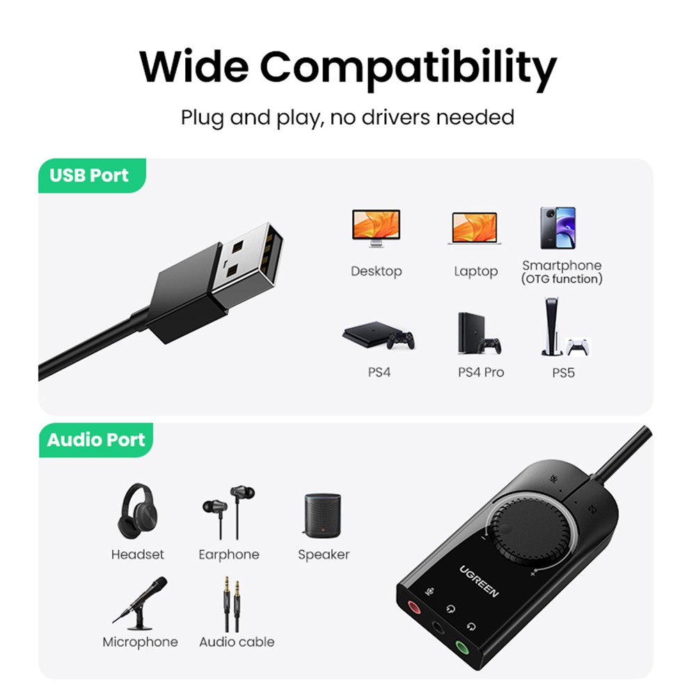 UGREEN CM129 USB External Stereo Sound Adapter 15cm-Black - i-Station Mobile Phone & Electronic Device Repair and Accessories