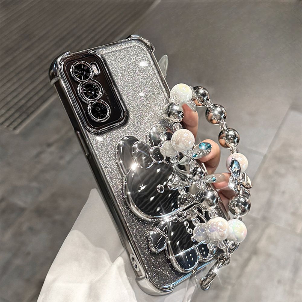 OPPO Reno 12 Pro 5G (CPH2629) - Rabbit Makeup Mirror Stand Series Case With Gradient Flash Card and Pearl Bracelet - i-Station Mobile Phone & Electronic Device Repair and Accessories