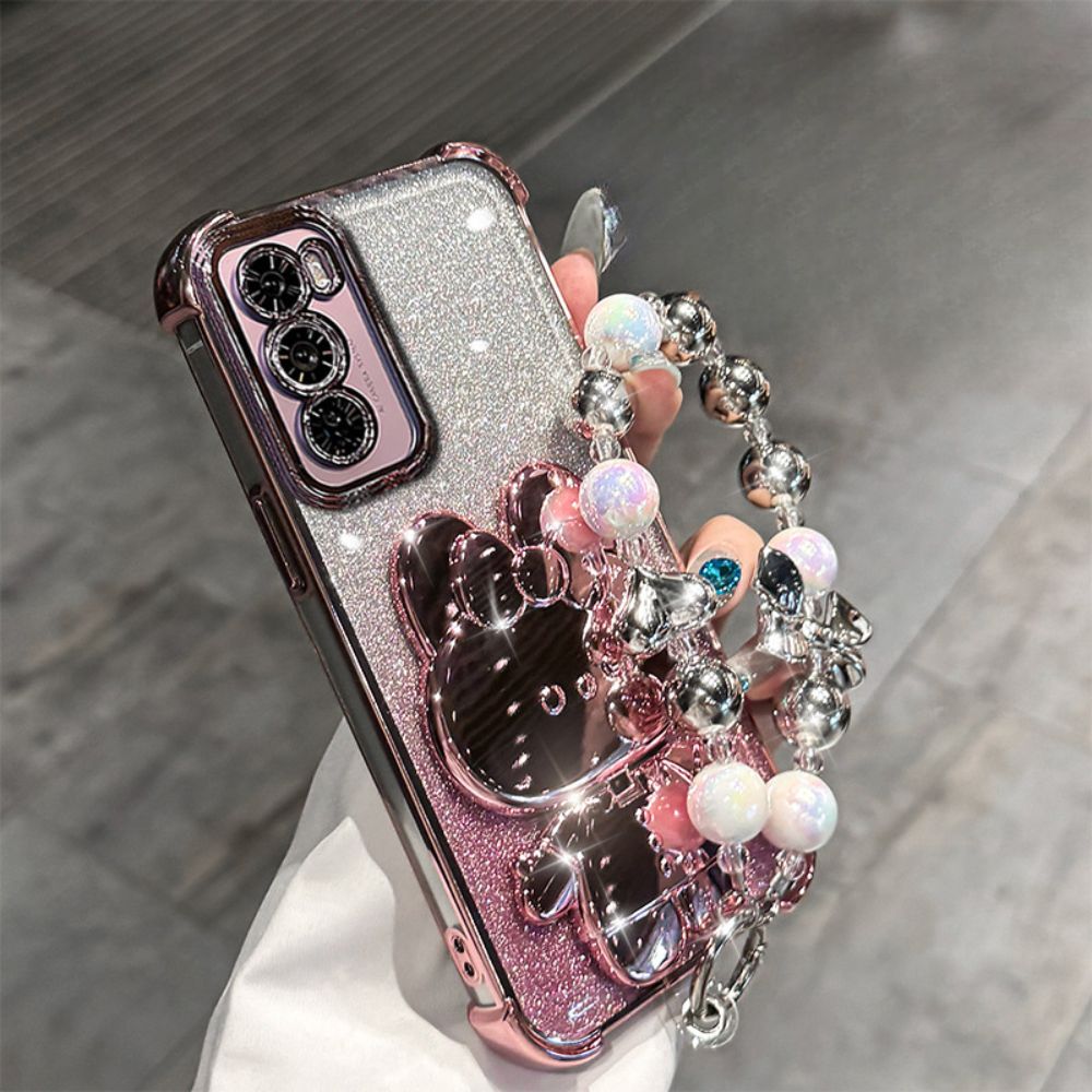 OPPO Reno 12 Pro 5G (CPH2629) - Rabbit Makeup Mirror Stand Series Case With Gradient Flash Card and Pearl Bracelet - i-Station Mobile Phone & Electronic Device Repair and Accessories
