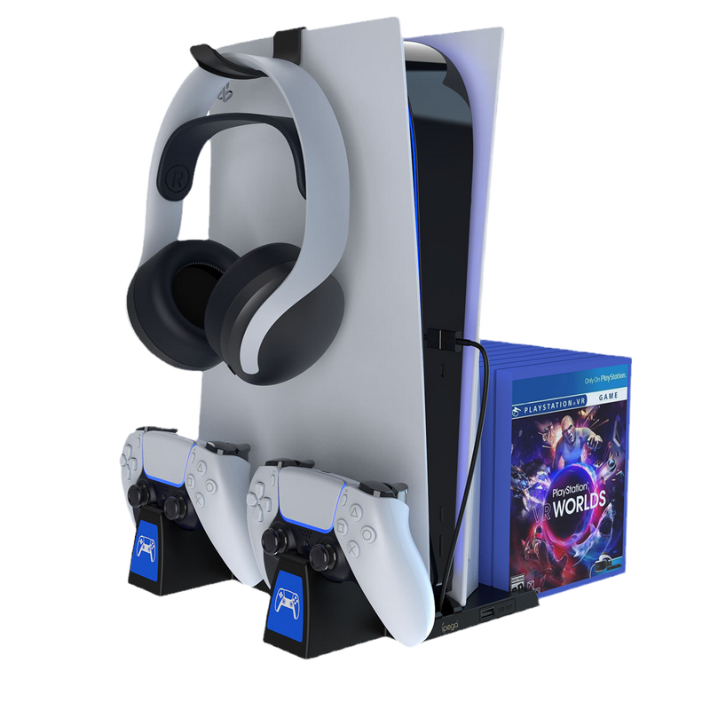 Load image into Gallery viewer, PlayStation PS5 Vertical Charging Dock Game Controller Charging Stand Storage Holder with Headset Hook Game Disc Container - Polar Tech Australia