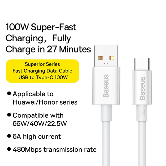 Baseus Superior Series Fast Charging Data Cable USB to Type-C 100W 2M - White - i-Station Mobile Phone & Electronic Device Repair and Accessories