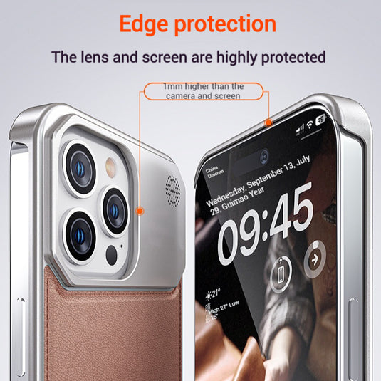 Apple iPhone 15/Pro/Pro Max Leather Titanium Gray Metal Frameless Telescopic Essentials Series Case - i-Station Mobile Phone & Electronic Device Repair and Accessories