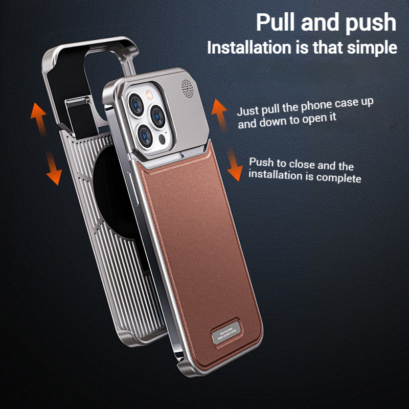 Load image into Gallery viewer, Apple iPhone 15/Pro/Pro Max Leather Titanium Gray Metal Frameless Telescopic Essentials Series Case - i-Station Mobile Phone & Electronic Device Repair and Accessories