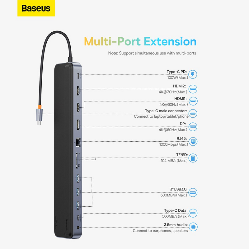 Load image into Gallery viewer, Baseus EliteJoy Gen2 12-Port Type-C HUB Adapter (Type-C to HDMI*2+USB3.0*3+PD*1+DP*1+SD/TF*1+RJ45*1+Type-C Data*1+3.5mm*1) - Dark Gray - i-Station Mobile Phone & Electronic Device Repair and Accessories