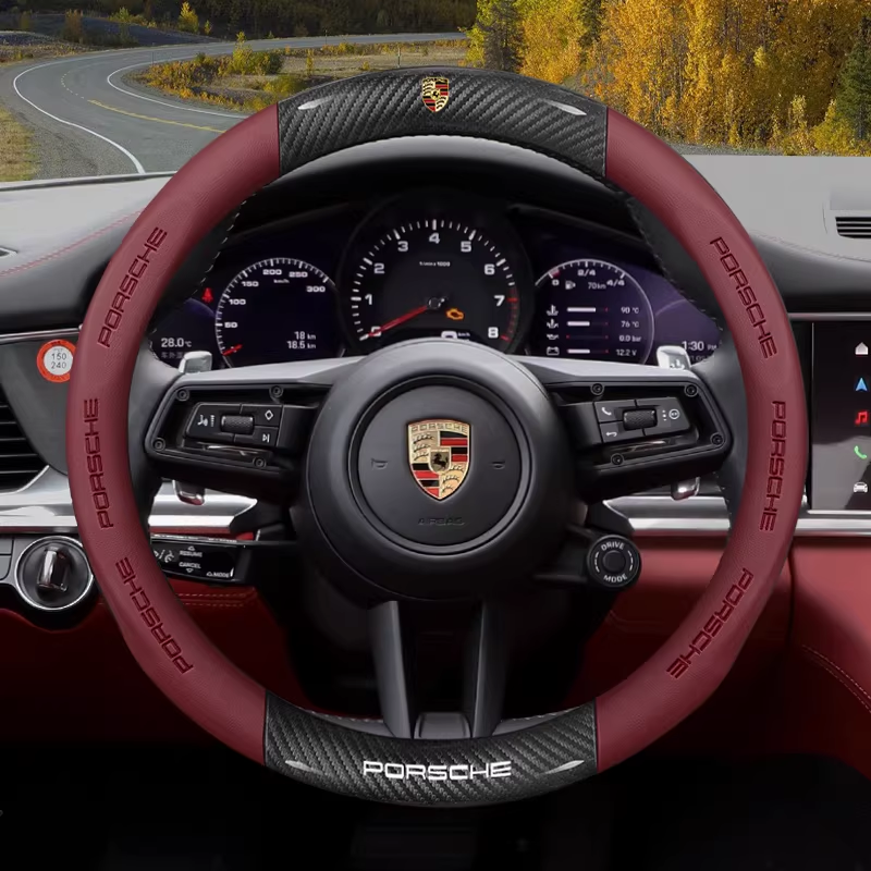 Load image into Gallery viewer, Porsche Carbon Fiber & Soft Suede Leather Luxury Grip & Anti-Slip Protection Steering Wheel Cover For Cayenne, Macan, Panamera, 718, Taycan, 911