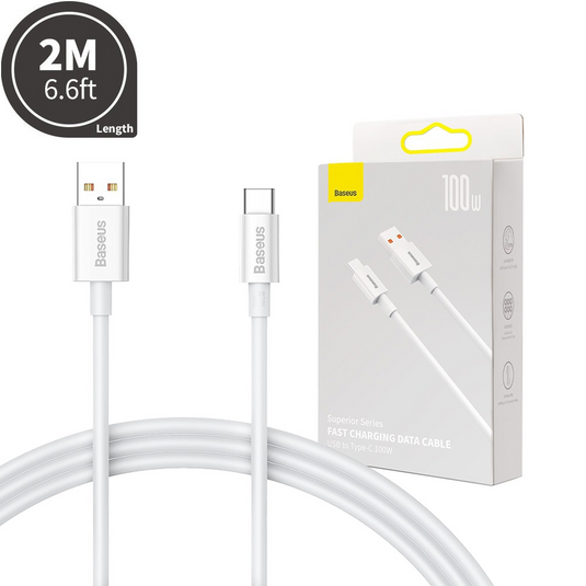 Baseus Superior Series Fast Charging Data Cable USB to Type-C 100W 2M - White - i-Station Mobile Phone & Electronic Device Repair and Accessories