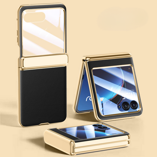 Motorola Moto Razr 40 Ultra Electroplated Chain Shockproof Plain Leather Essentials Series Case With Screen Protector - i-Station Mobile Phone & Electronic Device Repair and Accessories