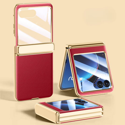 Motorola Moto Razr 40 Ultra Electroplated Chain Shockproof Plain Leather Essentials Series Case With Screen Protector - i-Station Mobile Phone & Electronic Device Repair and Accessories