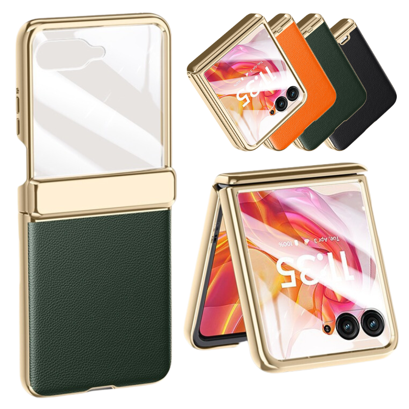 Motorola Moto Razr 50/Ultra Electroplated Chain Shockproof Plain Leather Essentials Series Case With Screen Protector - i-Station Mobile Phone & Electronic Device Repair and Accessories