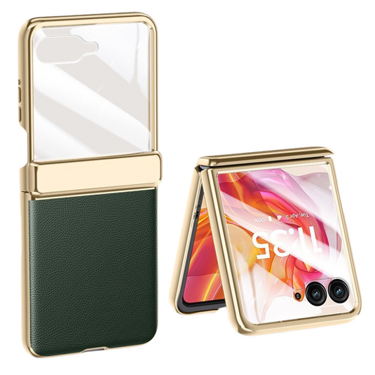 Motorola Moto Razr 50/Ultra Electroplated Chain Shockproof Plain Leather Essentials Series Case With Screen Protector - i-Station Mobile Phone & Electronic Device Repair and Accessories