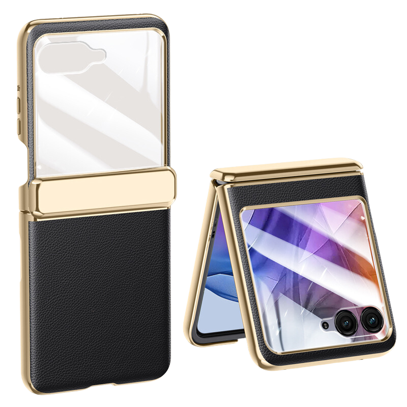Motorola Moto Razr 50/Ultra Electroplated Chain Shockproof Plain Leather Essentials Series Case With Screen Protector - i-Station Mobile Phone & Electronic Device Repair and Accessories