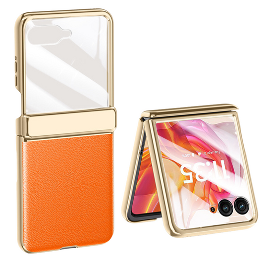 Motorola Moto Razr 50/Ultra Electroplated Chain Shockproof Plain Leather Essentials Series Case With Screen Protector - i-Station Mobile Phone & Electronic Device Repair and Accessories