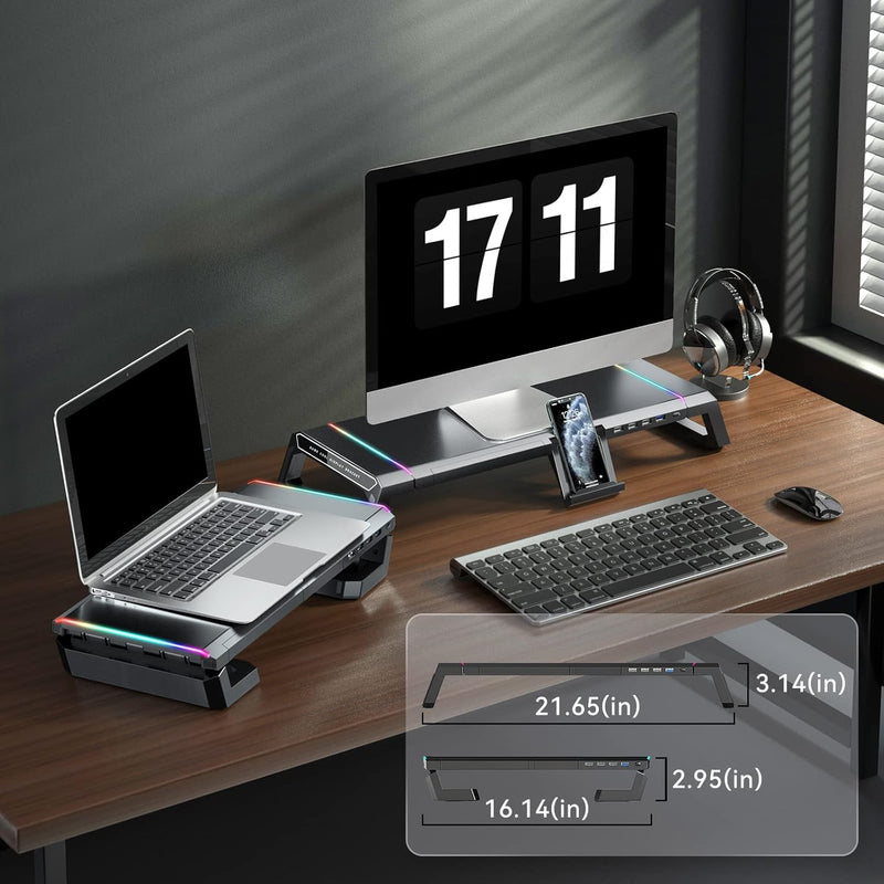 Load image into Gallery viewer, RGB Gaming Computer Monitor Stand Riser with Drawer,Storage and Phone Holder - 1 USB 3.0 and 3 USB 2.0 Hub, 3 Length Adjustable - i-Station Mobile Phone & Electronic Device Repair and Accessories