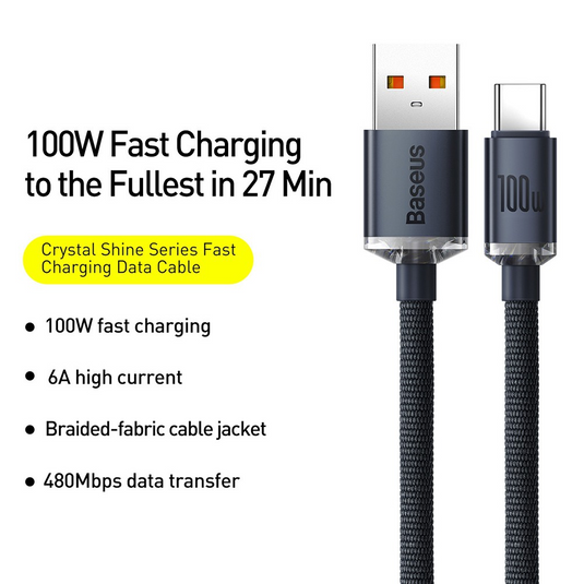 CW-FXP Baseus Crystal Shine Series Fast Charging Data Cable USB to Type-C 100W 1.2m - Black - i-Station Mobile Phone & Electronic Device Repair and Accessories