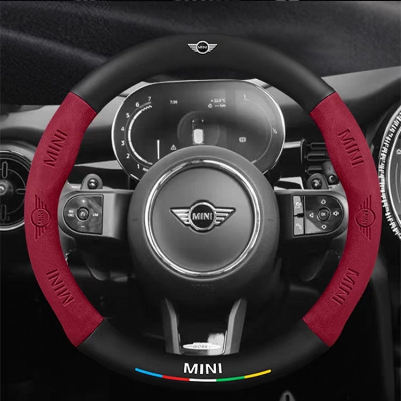 Load image into Gallery viewer, BMW Mini Cooper Leather-Texture Suede Steering Wheel Cover – Non-Slip, Durable, Sporty Feel & Steering Wheel Protection
