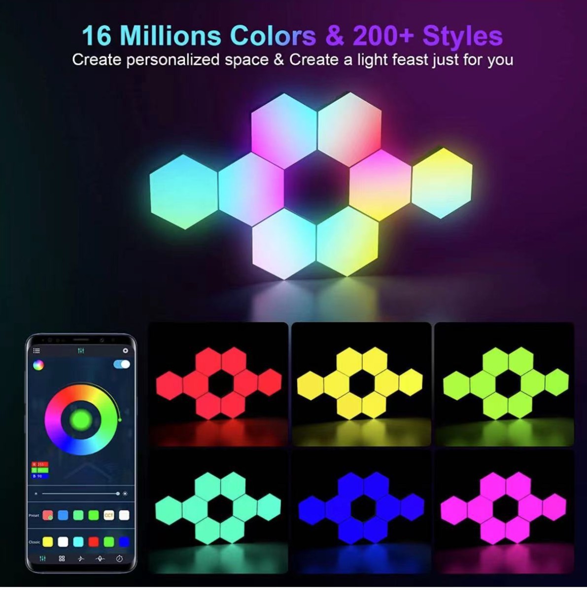 Hexagon RGB LED Smart Light Panels Punch-Free With App Control Gaming Lights Music Sync Hexagon Wall LED Lights DIY Geometry Ambience Lighting for Gaming Room Bedroom Streaming, 6 Panels - i-Station Mobile Phone & Electronic Device Repair and Accessories
