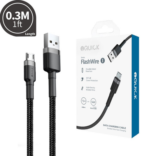 iQuick Braided Double Side Insertion Micro USB to USB-A Fast Charging Cable 0.3M - i-Station Mobile Phone & Electronic Device Repair and Accessories