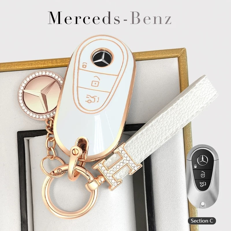 Load image into Gallery viewer, Mercedes Benz Fashionable TPU + Aluminum alloy + Leather Car Key Fob Case Cover For Benz C, E, S, G-Class, GLE, GLC, CLA, CLS, EQC, ML, GL, EQS - i-Station Mobile Phone & Electronic Device Repair and Accessories