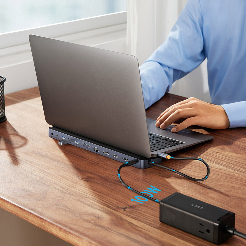 Load image into Gallery viewer, Baseus EliteJoy Gen2 12-Port Type-C HUB Adapter (Type-C to HDMI*2+USB3.0*3+PD*1+DP*1+SD/TF*1+RJ45*1+Type-C Data*1+3.5mm*1) - Dark Gray - i-Station Mobile Phone & Electronic Device Repair and Accessories