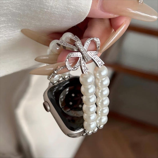 Apple Watch Series 1/2/3/4/5/6/SE/7/8/9/Ultra - Bowknot Pearl Elastic Watch Band - i-Station Mobile Phone & Electronic Device Repair and Accessories