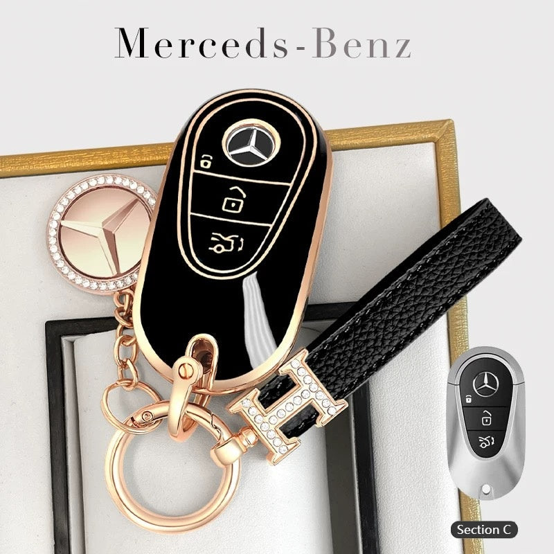 Load image into Gallery viewer, Mercedes Benz Fashionable TPU + Aluminum alloy + Leather Car Key Fob Case Cover For Benz C, E, S, G-Class, GLE, GLC, CLA, CLS, EQC, ML, GL, EQS - i-Station Mobile Phone & Electronic Device Repair and Accessories