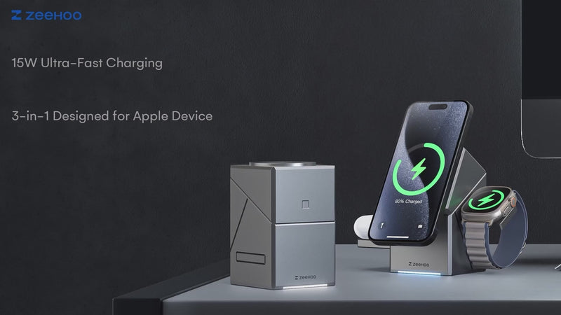 Load and play video in Gallery viewer, 3 in 1 Wireless Charging Station for Apple MagSafe Charger Stand, Qi2 Wireless Charger,15W Magnetic Charger Dock for iPhone 16,15,14,13,12, for Apple Watch,AirPods