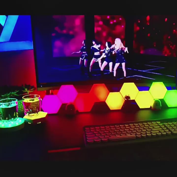 Load and play video in Gallery viewer, Hexagon RGB LED Smart Light Panels Punch-Free With App Control Gaming Lights Music Sync Hexagon Wall LED Lights DIY Geometry Ambience Lighting for Gaming Room Bedroom Streaming, 6 Panels