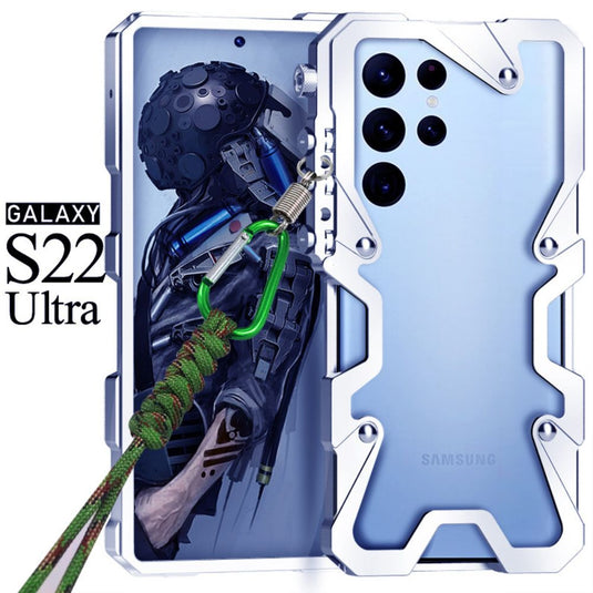 Samsung Galaxy S22 Ultra (SM-S908) - Metal Frame Mechanical Style Heavy Duty Series Case With Lanyard