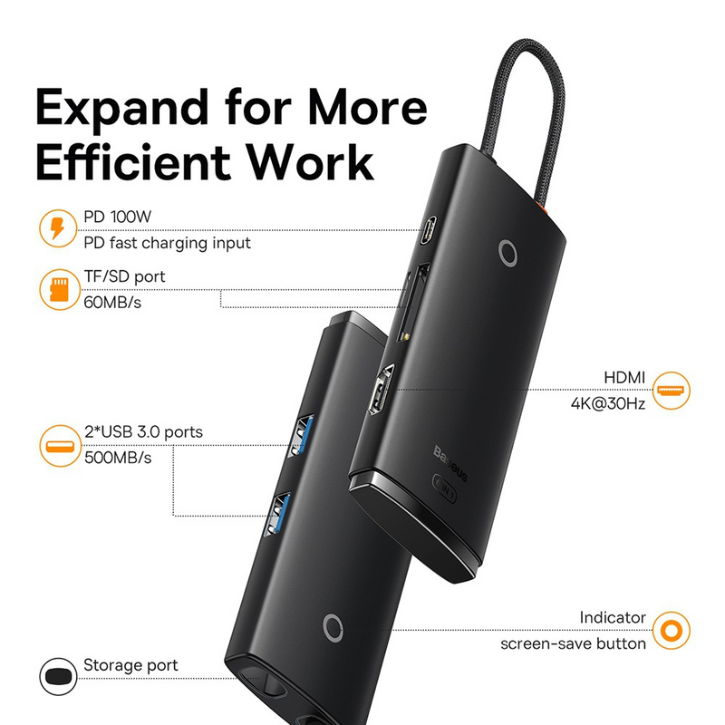 Load image into Gallery viewer, Baseus Lite Series 6-Port Type-C HUB Docking Station (Type-C to HDMI+USB3.0*2+PD+SD/TF) - Black - i-Station Mobile Phone &amp; Electronic Device Repair and Accessories

