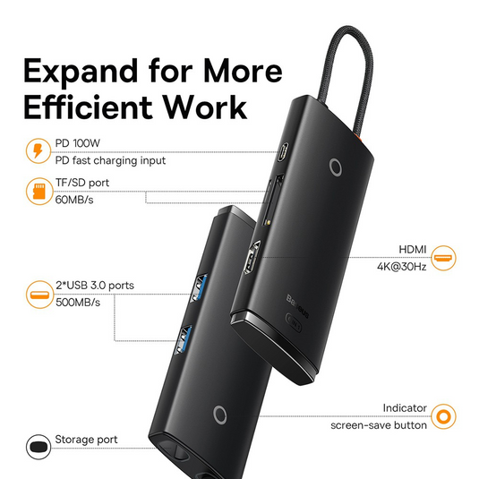 Baseus Lite Series 6-Port Type-C HUB Docking Station (Type-C to HDMI+USB3.0*2+PD+SD/TF) - Black - i-Station Mobile Phone & Electronic Device Repair and Accessories