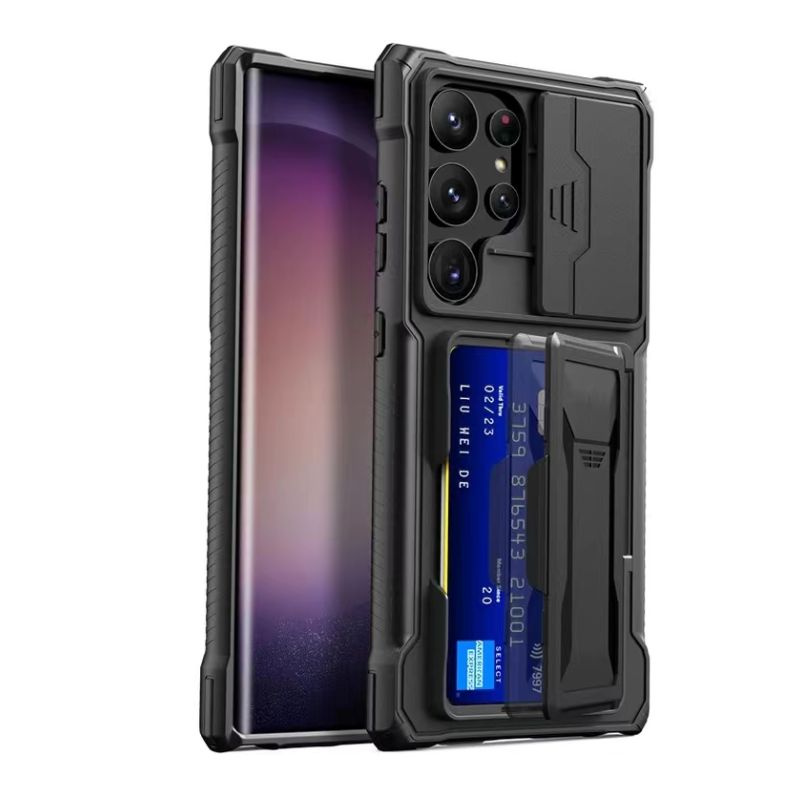 Load image into Gallery viewer, [With Card Holder Kickstand][With Slide Lens Cover] Samsung Galaxy S24 Ultra (SM-S928) - TPU Soft Edge Military Grade Shockproof Heavy Duty Series Case
