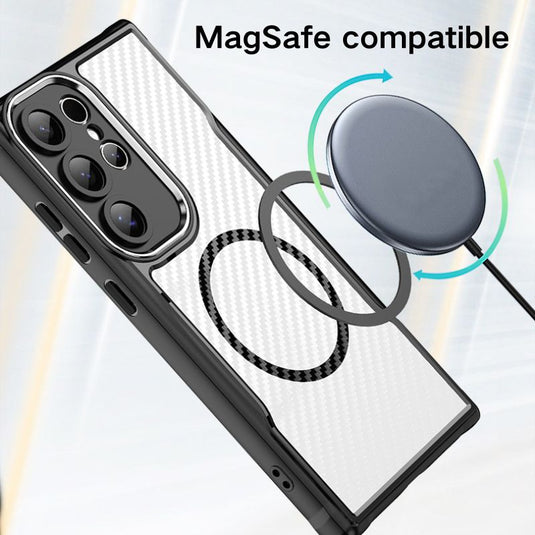 [Magsafe Compatible] Samsung Galaxy S23(SM-S911)/Plus(SM-S916)/Ultra(SM-S918) - Soft Edged Hard Shell Semi Transparent Frosted Carbon Fiber Essentials Series Case