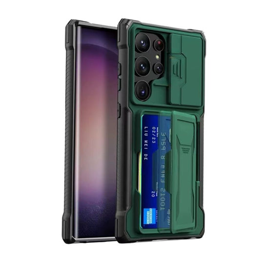 [With Card Holder Kickstand][With Slide Lens Cover] Samsung Galaxy S24 Ultra (SM-S928) - TPU Soft Edge Military Grade Shockproof Heavy Duty Series Case