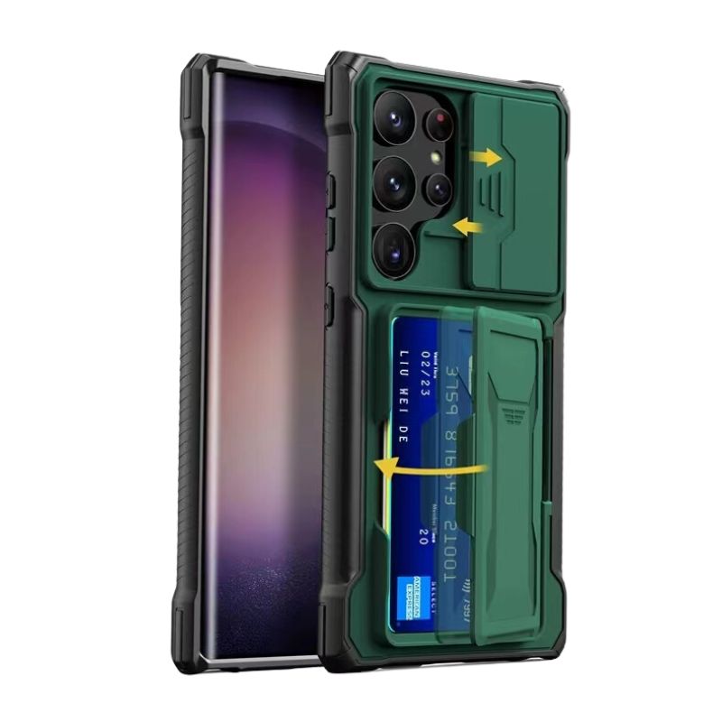 Load image into Gallery viewer, [With Card Holder Kickstand][With Slide Lens Cover] Samsung Galaxy S24 Ultra (SM-S928) - TPU Soft Edge Military Grade Shockproof Heavy Duty Series Case
