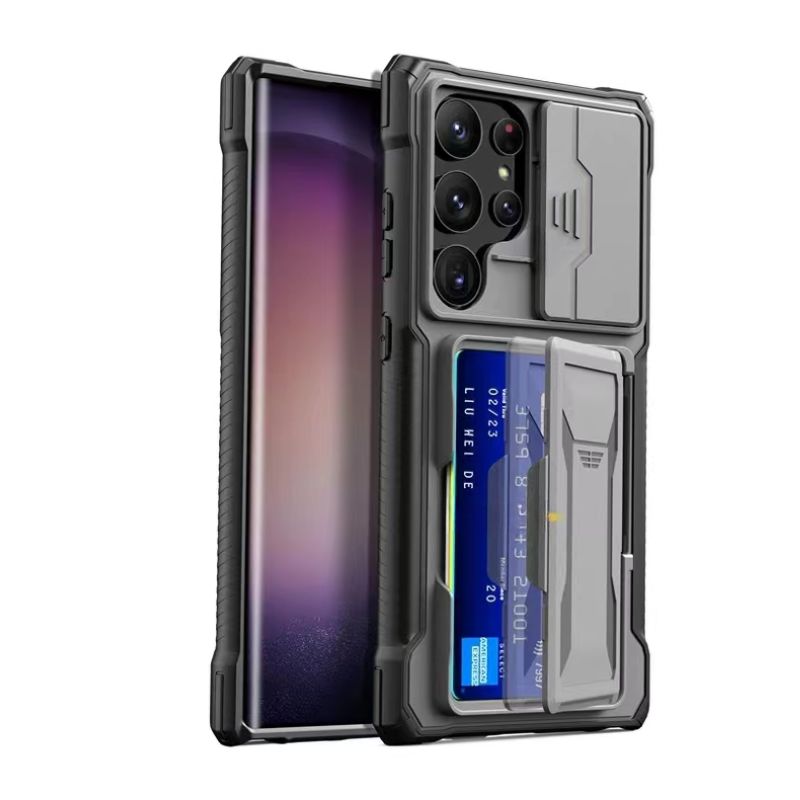 Load image into Gallery viewer, [With Card Holder Kickstand][With Slide Lens Cover] Samsung Galaxy S24 Ultra (SM-S928) - TPU Soft Edge Military Grade Shockproof Heavy Duty Series Case
