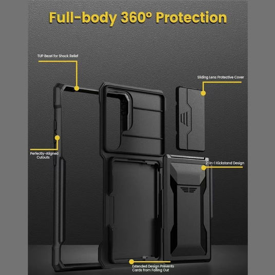 [With Card Holder Kickstand][With Slide Lens Cover] Samsung Galaxy S24 Ultra (SM-S928) - TPU Soft Edge Military Grade Shockproof Heavy Duty Series Case