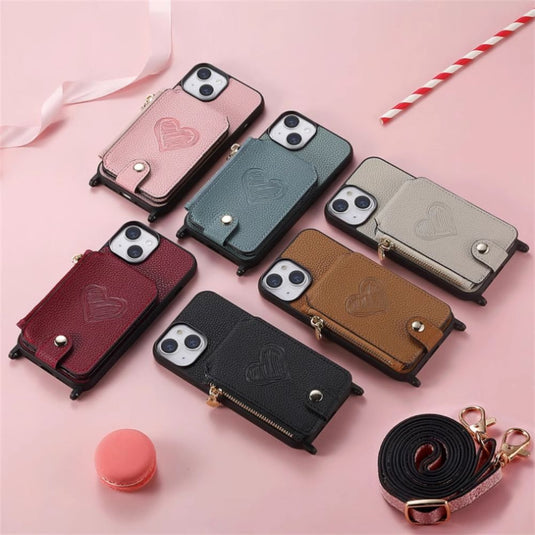 [With Card Slot][Car Magsafe Compatible] Apple iPhone 13/Pro/Max - Women Crossbody Zip Leather Wallet With Lanyard Drop proof Case