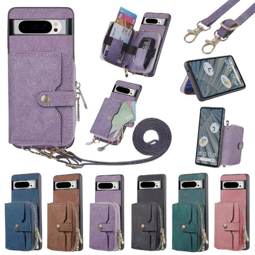 [With Card Slot] Google Pixel 9/Pro/Pro XL - Women Crossbody Zip PU Leather Wallet With Lanyard Drop proof Case