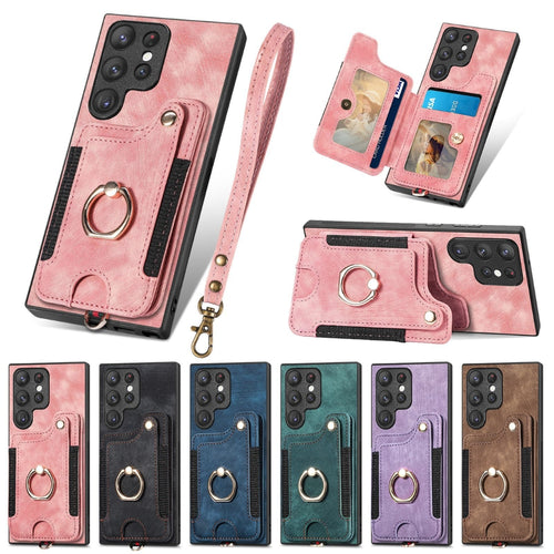 [With Card Slot] Samsung Galaxy S23/Plus/Ultra/FE - Anti-skimming PU Leather Stand Series Case With Leather Lanyard and Ring