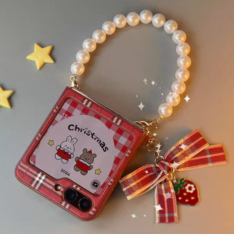 Load image into Gallery viewer, Samsung Galaxy Z Flip 5 (SM-F731) - Red Plaid Christmas Fashion-Forward Series Case With Wine-Red Plaid Bow Pendant + Pearl Chain
