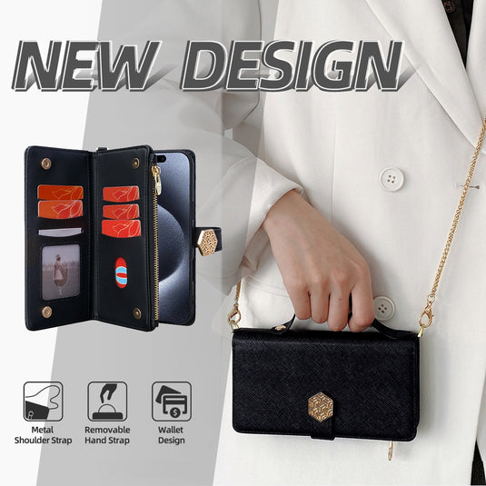 [With Card Slot] Motorola Moto Edge 5G (2024) - Women Crossbody Metal Clasp & Zipper Wallet Series Case With Hand Strap