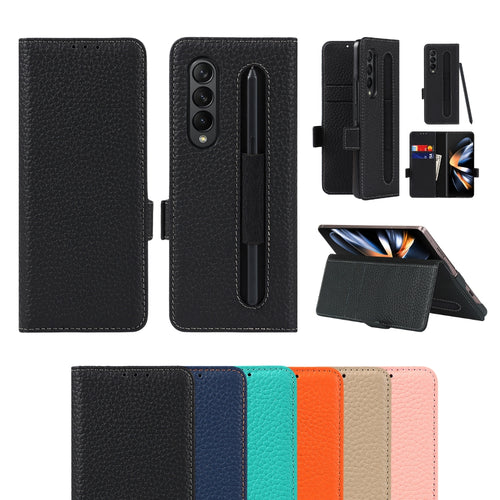 [With Pen Slot][With Card Slot] Samsung Galaxy Z Fold 5 5G (SM-F946B) - Business Drop Proof Genuine Leather Wallet Series Stand Case