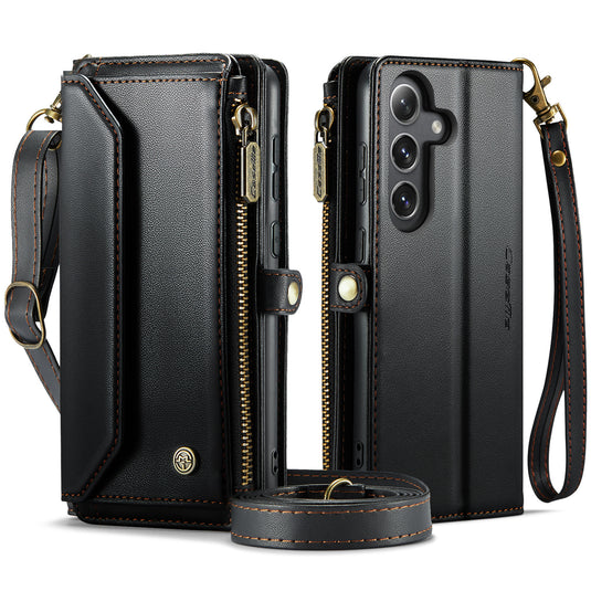 [Magsafe Compatible] Samsung Galaxy S25/Plus/Ultra - Zipper Style Crossbody PU Leather Wallet Series Stand Case With Lanyard