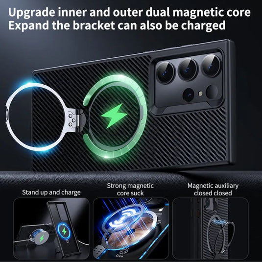 [Magsafe Compatible] Samsung Galaxy S25/Plus/Ultra - Carbon Fiber 360-Degree Rotating Stand Case With Finger Ring