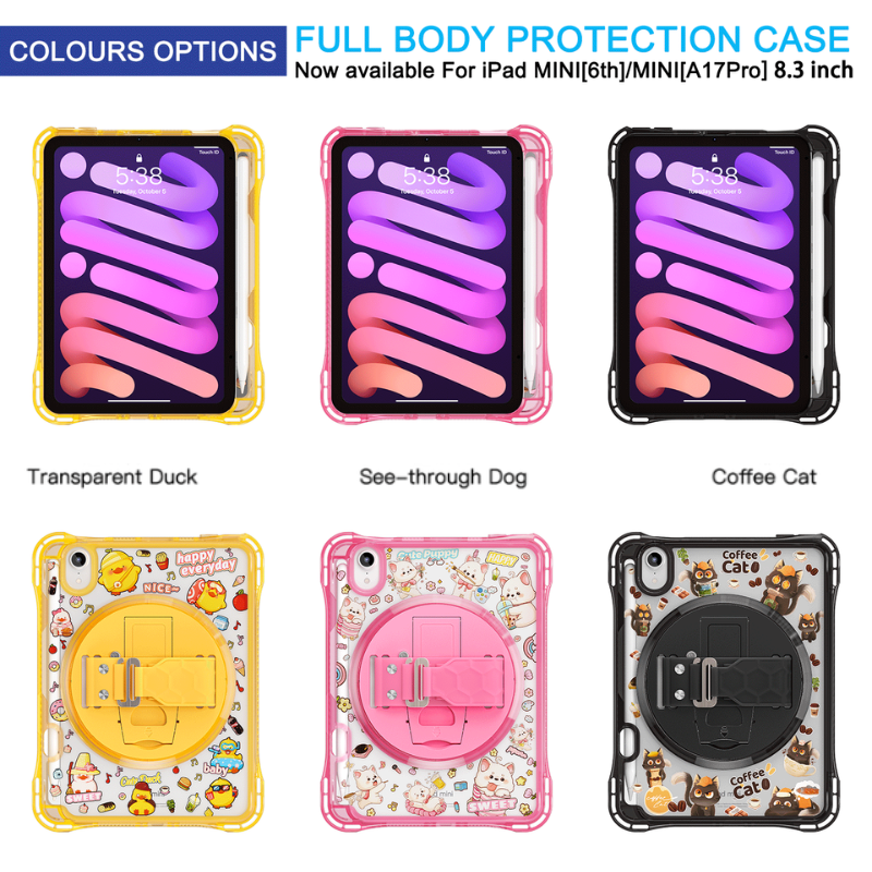 Load image into Gallery viewer, [Built-in Pen Slot][With Shoulder Strap] Apple iPad Mini 6/7 8.3&#39;&#39; 6/7th Gen (2021/2024) Cartoon Kids Transparent Anti-Drop Protective Stand Case
