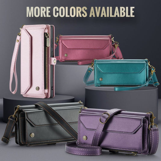 [With Card Slot] Samsung Galaxy S24/Plus/Ultra - Women Crossbody PU Leather Zipper Wallet Series Stand Case with Lanyard